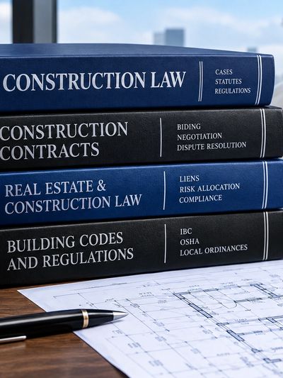 Stack of construction law books with architectural plans.