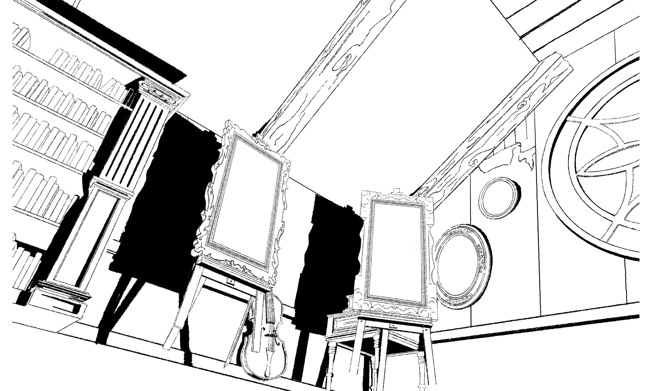 Art studio with blank canvases and violin.