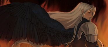 A fierce angelic warrior with black wings and flowing white hair stands against a fiery backdrop.
