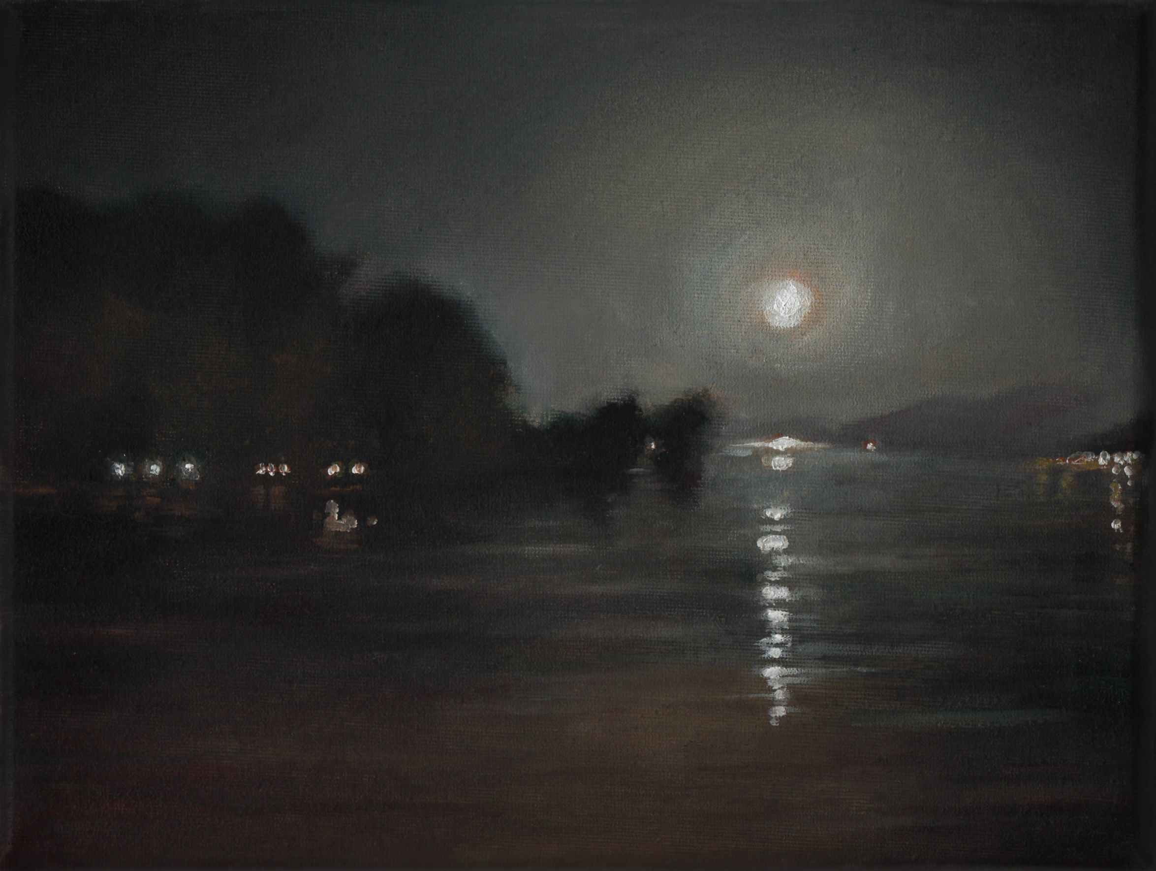 A moonlit night over a calm river with reflections and dark silhouettes.