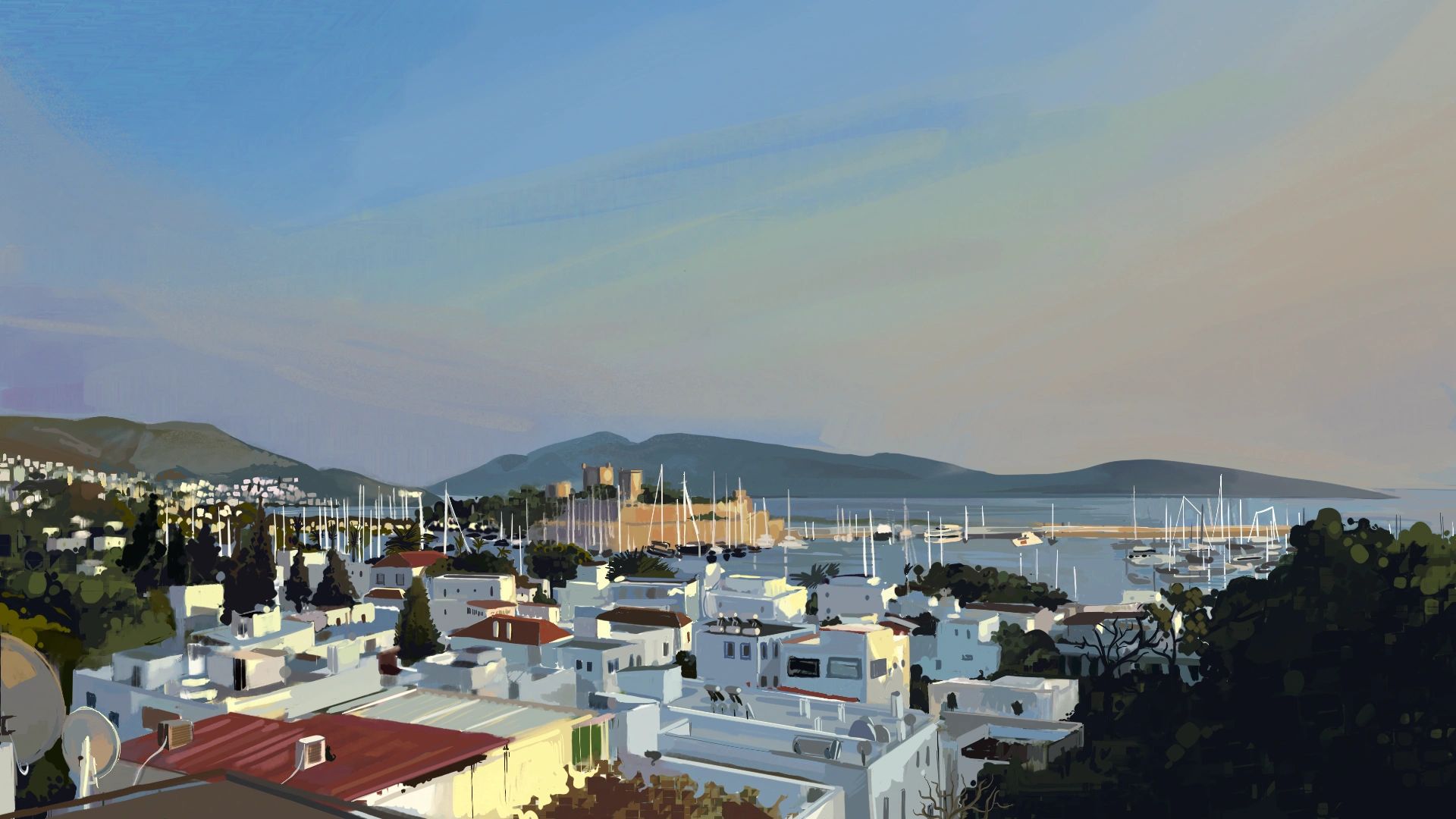 Coastal town with white buildings, boats, and distant hills under a clear sky.