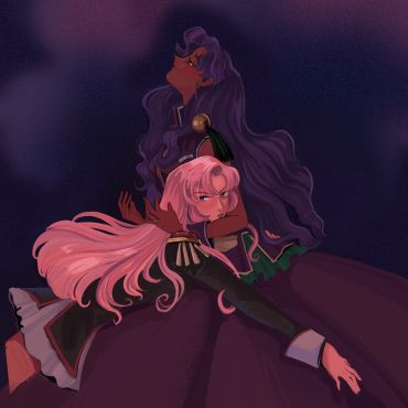 Two stylized characters, one with long pink hair and the other with long purple hair, pose dramatically against a dark background.