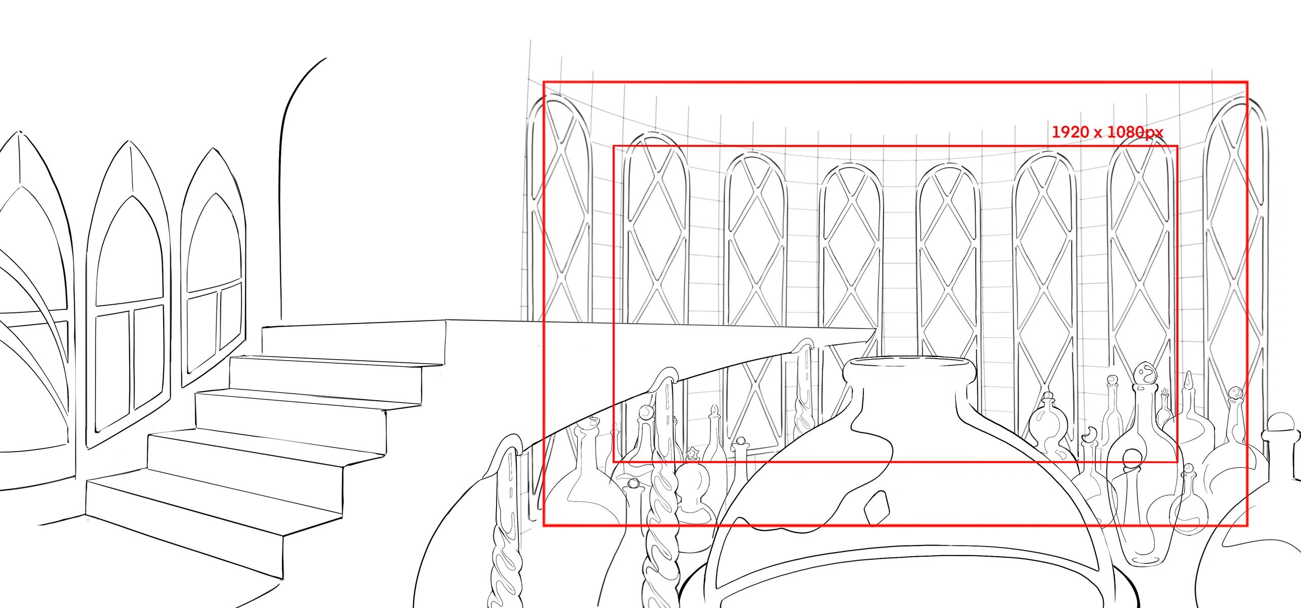 Line art of a room with arched windows and bottles on shelves.