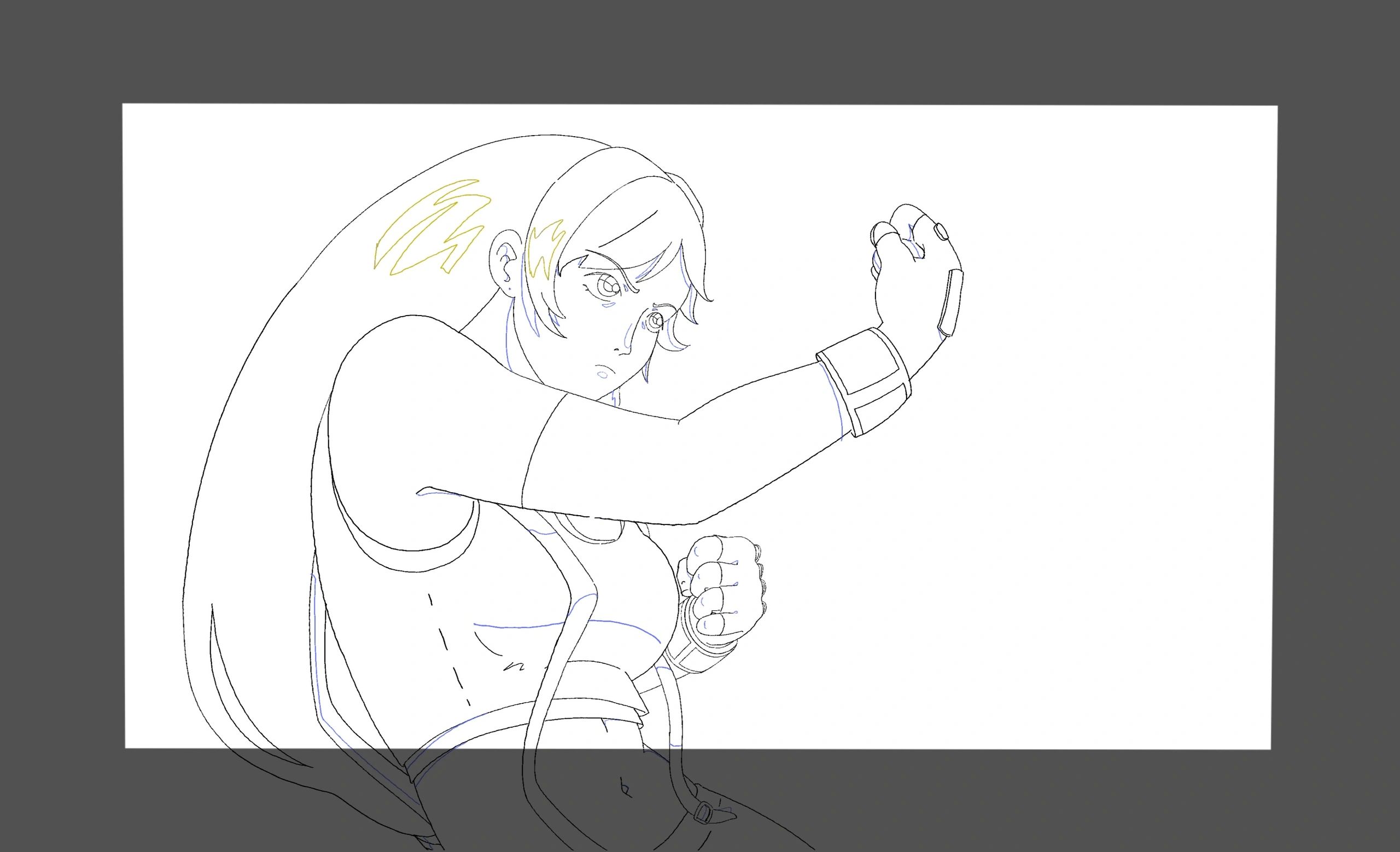 Line art of a female fighter in a fighting stance.