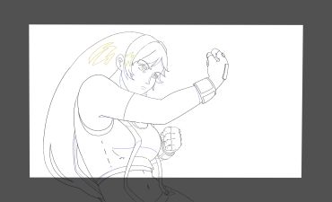 Line art of a female fighter in a fighting stance.