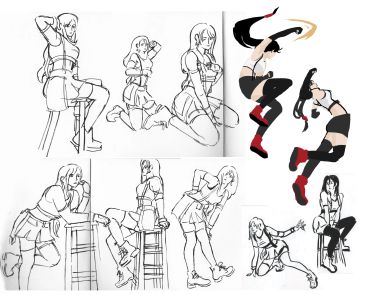 Various dynamic sketches of a female character in different poses.