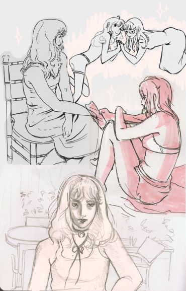 Sketches of women in various poses and outfits.