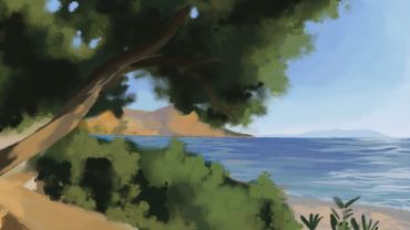 Digital painting of a coastal landscape with trees and water.