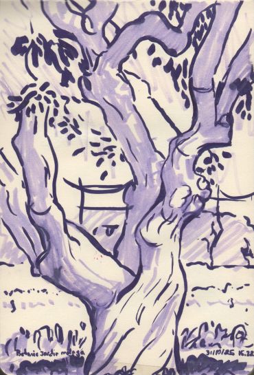 Abstract tree branches in purple ink drawing.