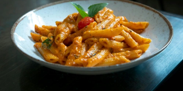 Plato de pasta penne con salsa cremosa y tomate.