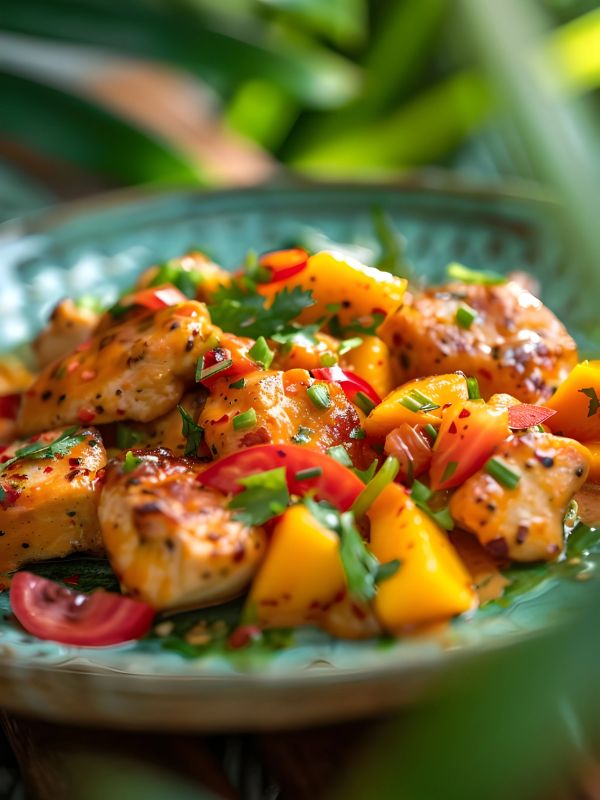 Plato de pollo con mango y hierbas frescas.