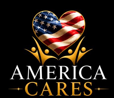 Heart-shaped American flag with "America Cares" text.