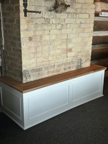 Far away view of left corner bench cabinet