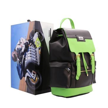 Black and green backpack with motorcycle-themed box.