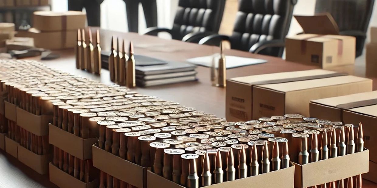 ammunition boxes sitting on a table insurance meeting