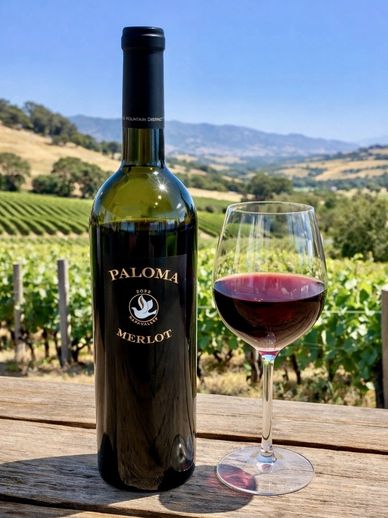 Bottle of Paloma Merlot and a glass of red wine on a vineyard table.