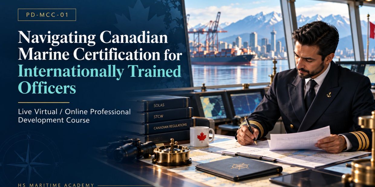 Marine officer studying Canadian marine certification with sea view.