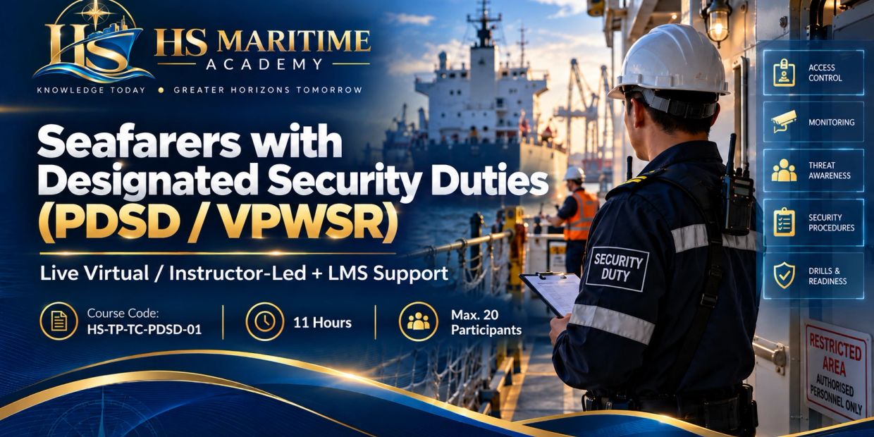 HS Maritime Academy course on security duties for seafarers with live virtual and instructor-led support.