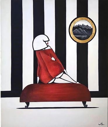 Title : "Mary's Daily Routine"
Medium : Acrylic's on canvas,
Gold foil flakes 
Size : 23,5 x 19,5 in