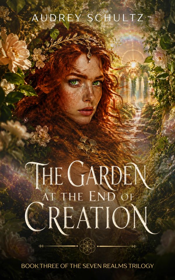 Book cover with a red-haired woman and a mystical garden path.