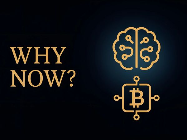 Why Now? Graphic showing AI and Bitcoin icons to illustrate urgency and innovation.