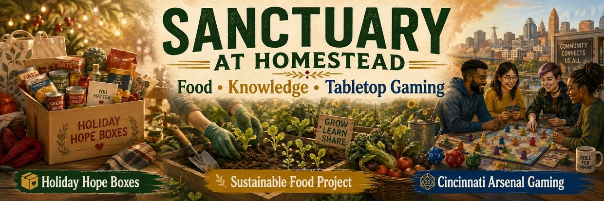Sanctuary at Homestead promoting food, knowledge, and gaming.