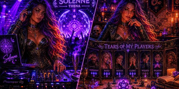 A mystical DJ blending fantasy and music with glowing purple magic.
