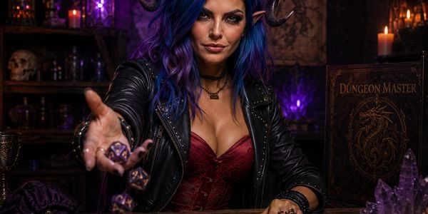 Woman with horns and purple hair playing a fantasy dice game.