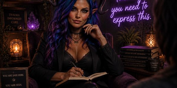 A woman with blue hair writes in a journal in a cozy, dimly lit room.