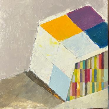 Abstract geometric painting with colorful blocks and textured surfaces.
