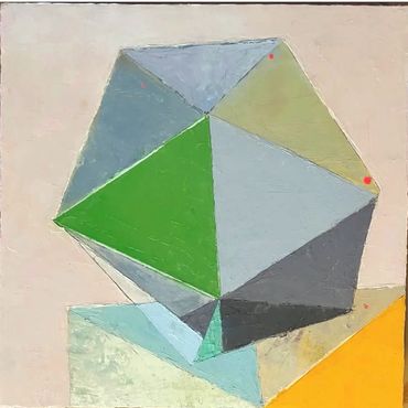 Abstract geometric painting featuring a multifaceted polyhedron with muted colors.