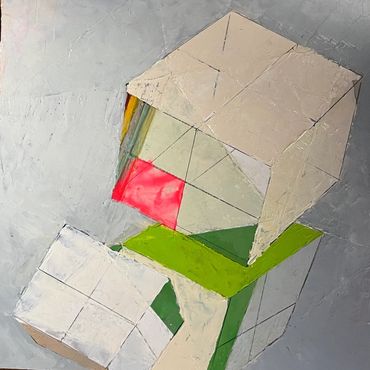 Abstract geometric painting with bright red, green, and beige shapes on a gray background.