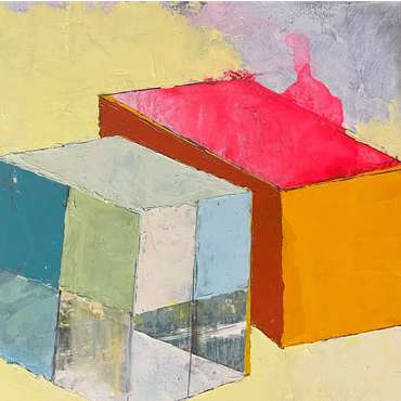 Abstract painting featuring a transparent cube and a solid rectangular prism in vibrant colors.