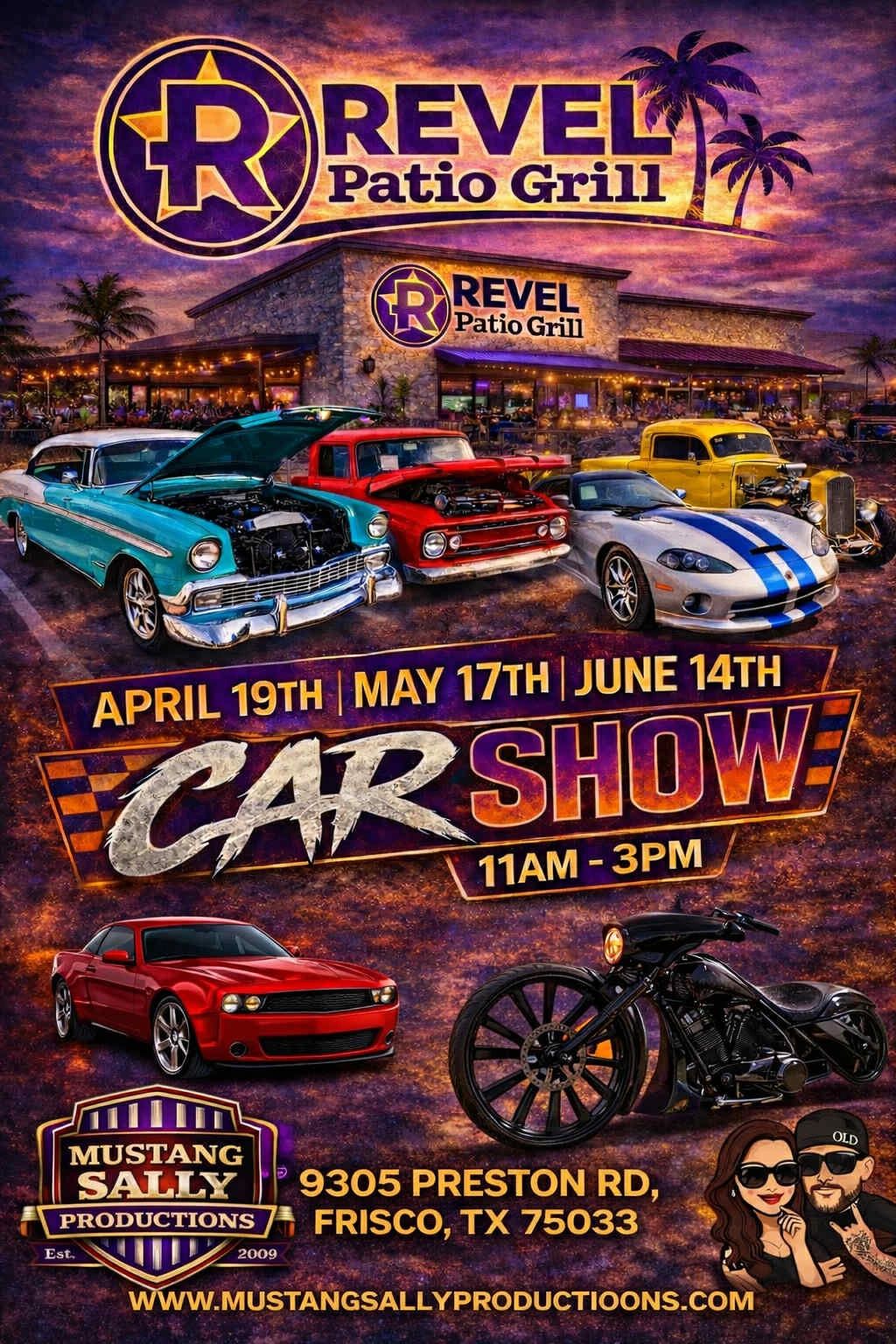 Revel Patio Grill car show with classic and modern vehicles from 11AM to 3PM on select dates.