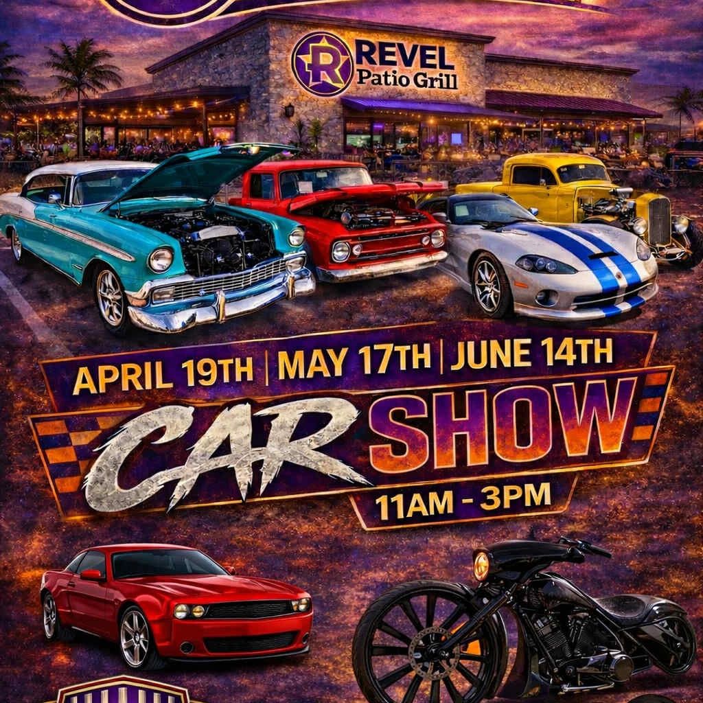 Revel Patio Grill car show with classic and modern vehicles from 11AM to 3PM on select dates.