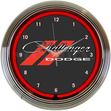 A round Dodge Challenger wall clock with red accents and chrome frame.