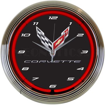 Retro Corvette-themed wall clock with checker and Chevy flags as hands.