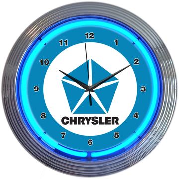 A neon wall clock featuring the Chrysler logo with blue and silver colors.