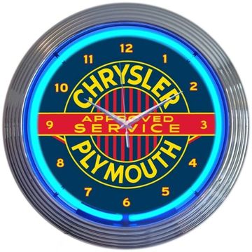 Neon clock with Chrysler Plymouth logo and 'Approved Service' text.