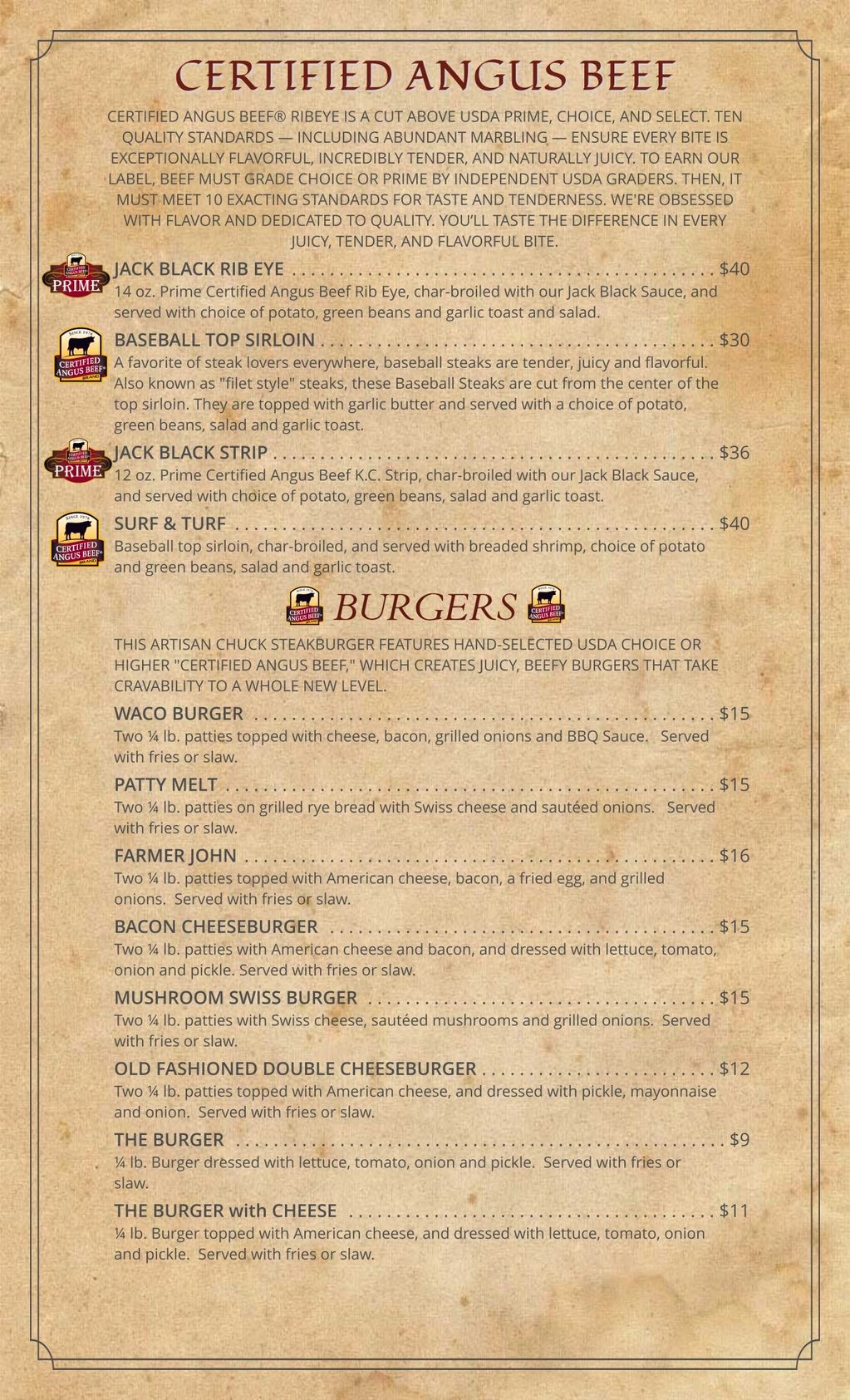 Menu featuring Certified Angus Beef steaks and burgers with prices and descriptions.