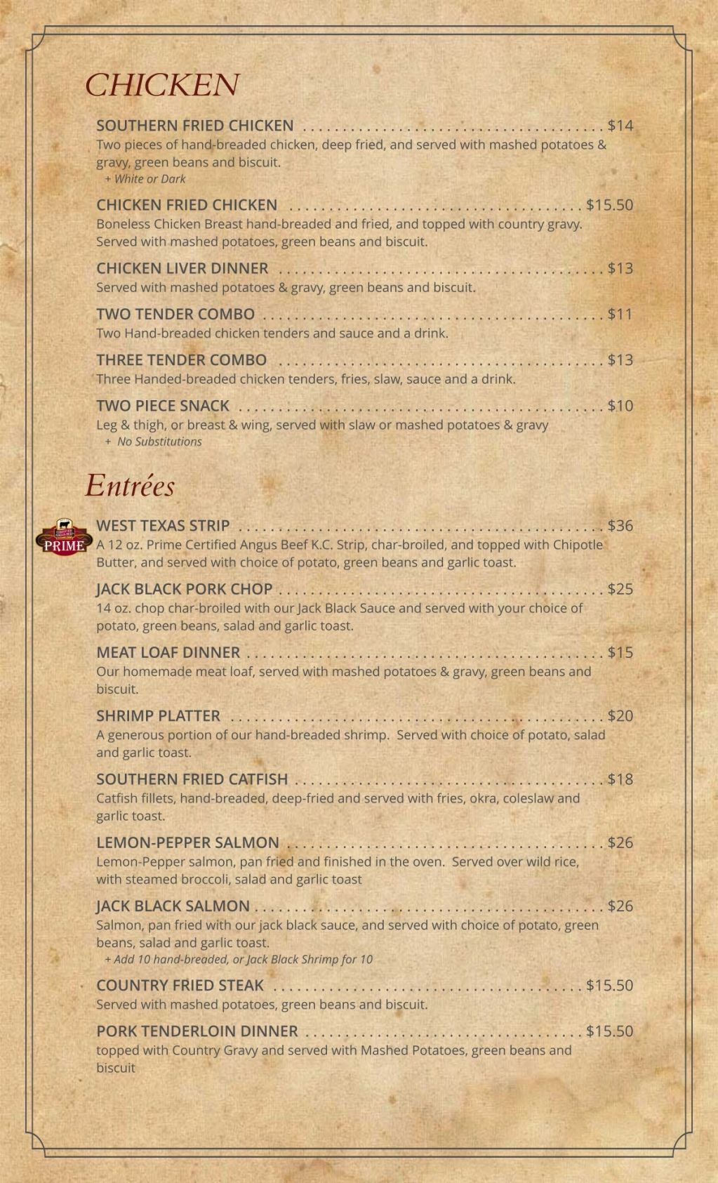 Menu page featuring chicken and entrees with prices and descriptions.