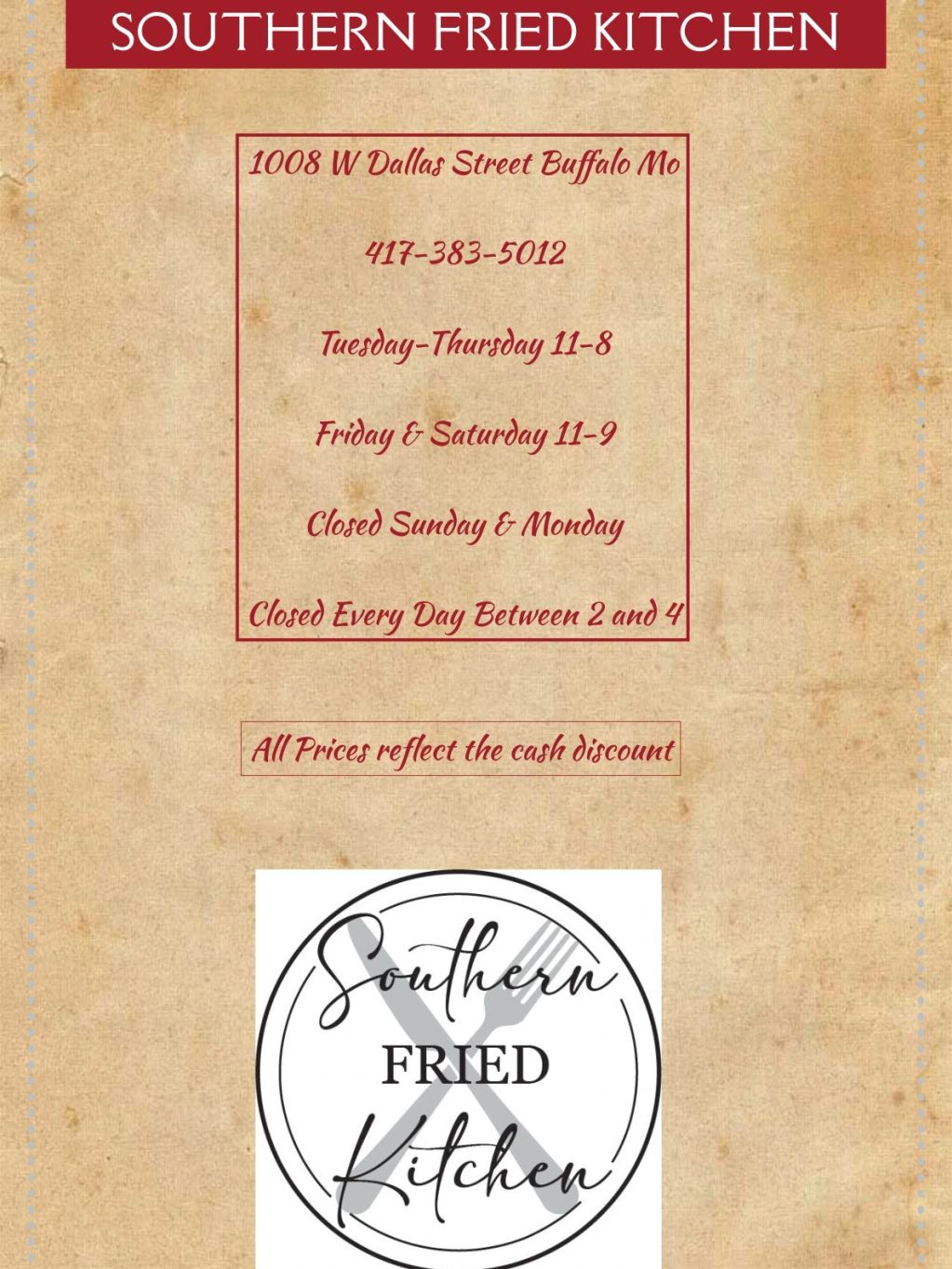 Southern Fried Kitchen contact and hours information.