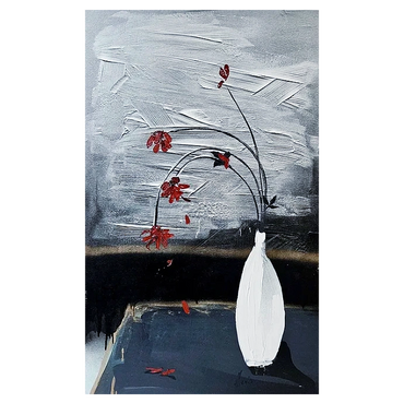 peinture poétique de fleurs de rose qui fanent dans un vase blanc sur une table bleue 