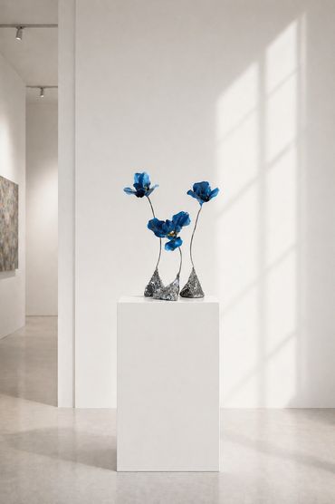 Blue poppy steel sculptures on pedestal, contemporary botanical art and modern metal flowers.