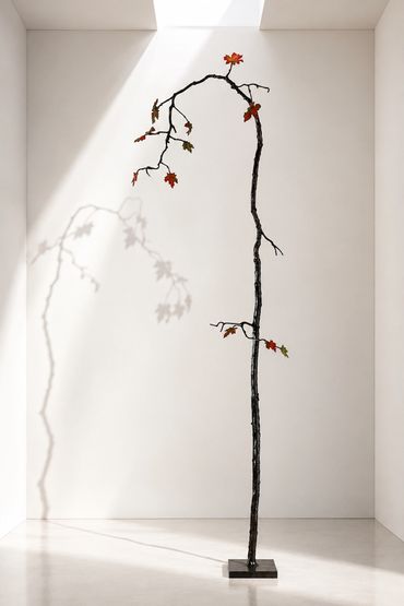 Japanese maple steel sculpture with autumn leaves, contemporary botanical art inspired by nature.