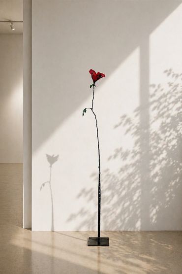 Jeff Alarie red rose steel sculpture, contemporary botanical art inspired by nature and minimalism.