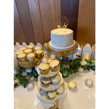 Wedding cake and cupcakes