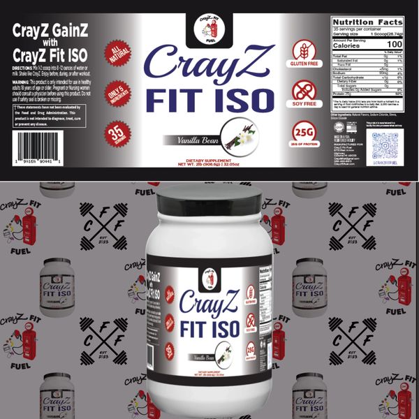 CrayZ Fit ISO protein tub and nutrition label