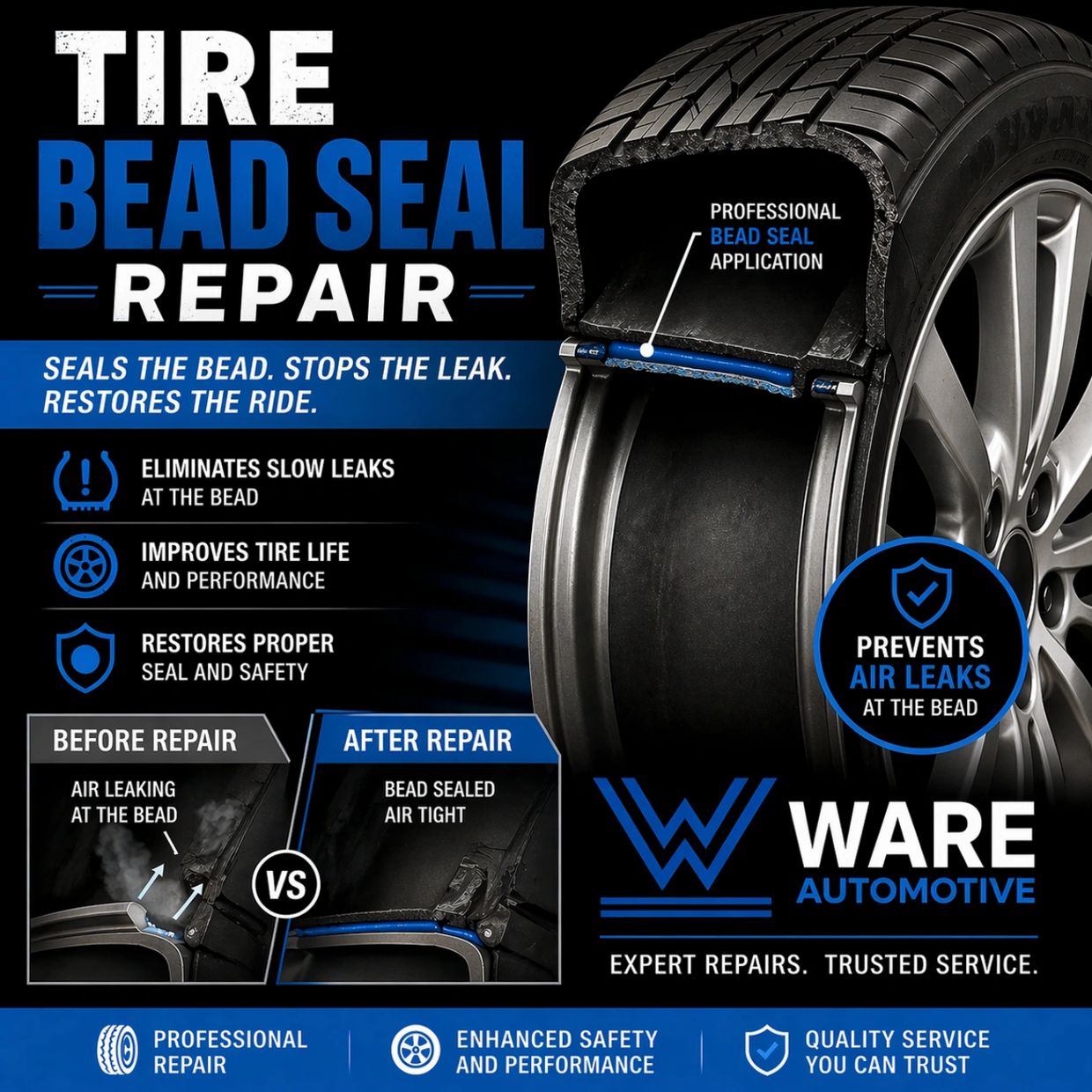 Tire bead seal repair stops leaks and restores tire performance.