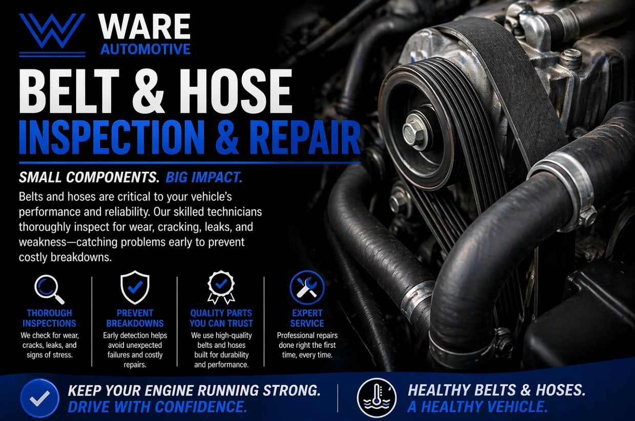 Ware Automotive offers belt and hose inspection and repair for vehicle reliability.